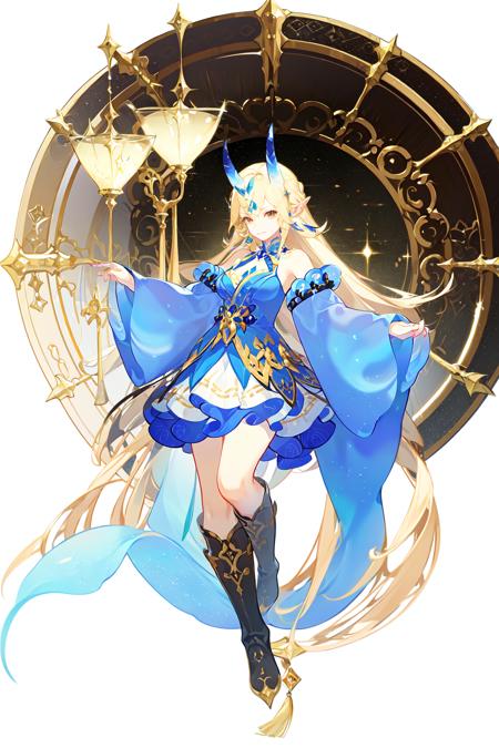 white background, xiyou, 1girl, solo, long hair, blonde hair, crystal horns, pointy ears, brown eyes, (blonde Hanfu:0.8)(black hanfu:0.2), bare shoulders, breasts, medium breasts, blue Gem Belt, blue and white ribbon skirt, white and gold boots, blue jewelry, blonde tassel