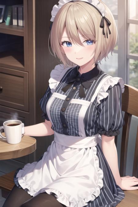 <lora:AkaneHououji-05:0.7>, akaneh, 1girl, solo, looking at viewer, smile, short hair, blue eyes, blonde hair, dress, holding, hair between eyes, sitting, short sleeves, pantyhose, frills, striped, apron, cup, black pantyhose, maid, maid headdress, copyright name, table, vertical stripes, mug, striped dress, coffee, vertical-striped dress