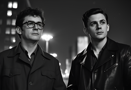 ArsMovieStill, 20s Silent Movie Still, black and white, The image is black and white photograph of two men at a bus stop at night. There are street lights in the back ground, the light from the windows of the skyscrapers are blurry, but visible. 2 men, the first man wears a field jacket, has curly hair, glasses, the second man wears a black leather jacket, has short cropped hair, younger looking. low angle shot, grainy black an white photograph, film grain, monochrome, greyscale.