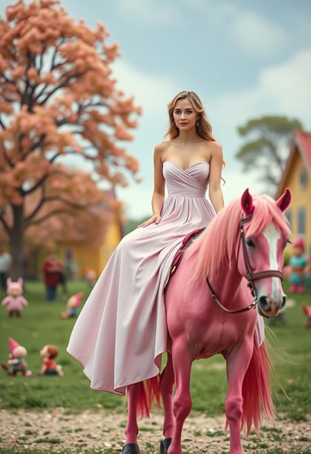 movie still, a beautiful woman with a long dress sitting on a pink horse, in munchkin land, in the style of Wes Anderson