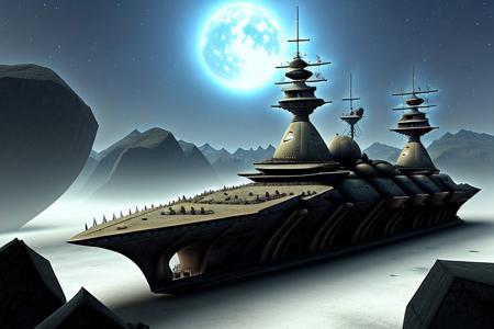 a space pirate battleship among the ruins of an advanced, futuristic city