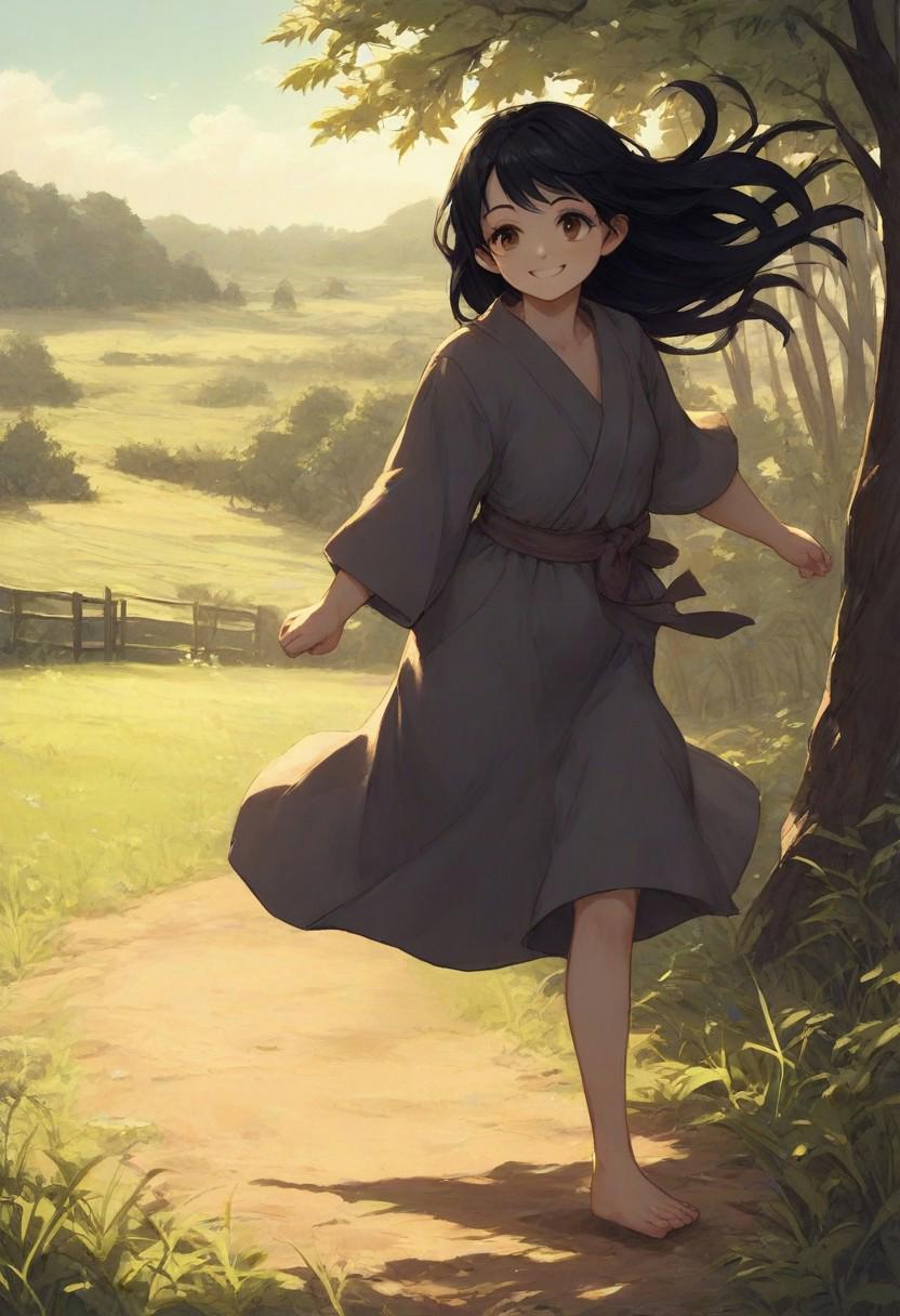 score_9, score_8_up, score_7_up, flat color, fairy tale, n4g4, perfecteyes, Manga style,  (full body:1.4), 
Shanae the Farm Kid playing on the farm, 
1girl, solo, fantasy, antiquity, Manga, outside, day, farm, farmlands, white skin, perfecteyes, eye bags, angular face, skinny, brown eyes, long hair, thin hair, straight hair, beautiful hair, black hair, peasant robe, child clothes, 
Movement, Running around, playing, happy, joyful, child, kid, 
Chubby face, cute, smile, mischievous smile, ,