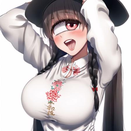 <lora:cyclops_retro_ham_avas_jun_rifl-08-02--rifl-09-01:1>,

cyclop, 



1girl, \\(^o^\)/, arms up, black shirt, blush, braid, breasts, china dress, chinese clothes, collared shirt, dress, happy, hat, large breasts, long hair, muscle, muscular female, open mouth, scar, shirt, shoes, sleeves rolled up, smile, solo, star, tongue, twin braids, white background, white shirt