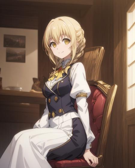 masterpiece,best quality,highly detailed, extremely detailed CG unity 8k wallpaper,illustration,guild girl,blonde hair,blonde eyes,light smile,on chair,sitting,arm at side,facing viewer,looking at viewer,solo,solo foucs,day