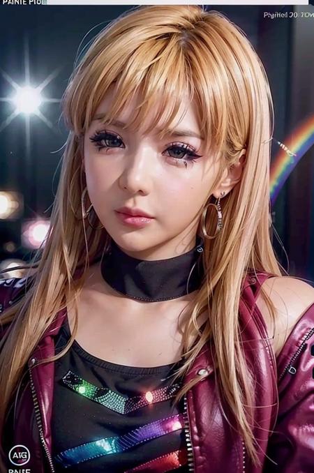 a photo of a woman , (park bom:1.3) , a closeup of woman face , rendered in octane , rendered in unreal engine , realistic photography, ultra-realistic, detailed eyes, photorealistic, realistic, real life, photograph, happy, soft lighting ,  face closeup  , masterpiece , sharp focus , cinematic lighting , rim lighting , glossy skin , shiny skin ,  <lora:femm_park_bom_20230520_LORA_small:1> , (park_bom:1.2) , soft lighting ,  surprised , smiling , confused , ring fill flash , vibrant colors ,  refraction , prism , rainbow , lensflare ,  face focus , looking at viewer , mascara , squinting eyes , sparkling eyes , pov face closeup , fisheye lens  , kpop idol , punk  , leather jacket , graffiti , colorful shirt , eyeshadow  , punk rocker, hoop earrings , choker , dark purple hair , (raver makeup:1.2)