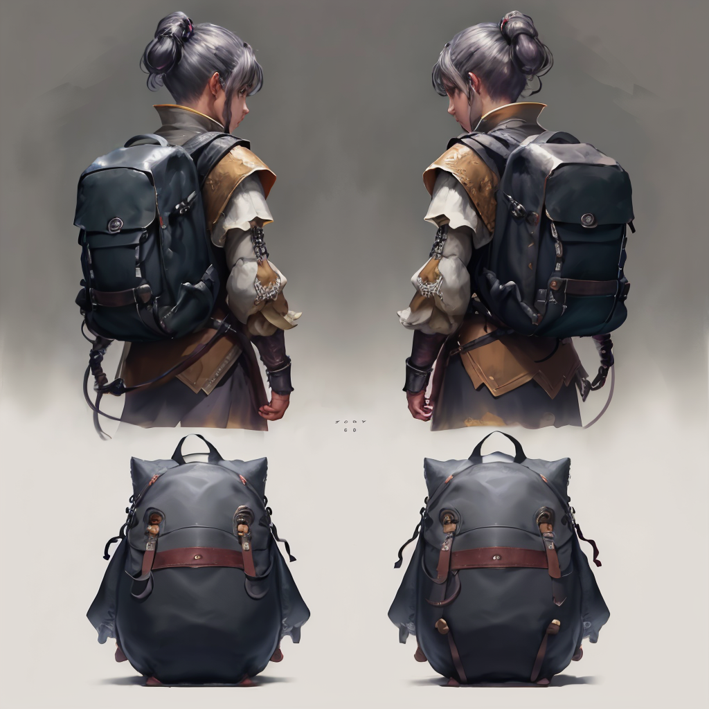 zrpgstyle character sheet concept art of backpacks grey background
(masterpiece:1.2) (illustration:1.1) (best quality:1.2)...