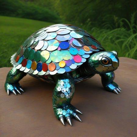 turtle made of cd's, Turtle Sculpture, CD Discs, Recycled Art, Colorful Reflective Surface, Creative Design, 3D Art Installation, Environmental Art, Upcycled Materials, Nature-Inspired, Artistic Composition, Playful Appearance, Shimmering Effect, Textured Shell, Eco-Friendly Artwork, Whimsical Style, tetrapod, four legs