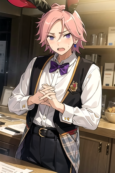 <lora:KohakuES-08:0.7>,kohakues, solo, looking at viewer, blush, short hair, open mouth, shirt, long sleeves, 1boy, bow, animal ears, jewelry, purple eyes, pink hair, male focus, sweat, earrings, frills, teeth, pants, bowtie, sweatdrop, rabbit ears, parted bangs, fake animal ears, upper teeth only, black pants, own hands together, purple bow, purple bowtie