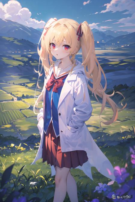 masterpiece,highres,extremely detailed CG unity 8k wallpaper, best quality, ultra-detailed,(best shadow),((1 girl)),landscape,flower, sunlight,day,cloudy sky,standing,castle, ,field, rural, rice paddy,(((looking at viewer))), panorama,overlook,(high contrast:0.8),(distant view),blurry foreground,wind,
shinku \( Iro toridori no sekai\) , blonde hair, red eyes, twintails, long hair, hair ribbon, red pleated skirt, open lab coat, blue shirt, school uniform, 
 <lora:shinku_v2.0:1>