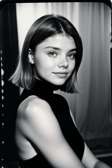 DaryaKomarova, (upper body), ((1980s photograph, pale skin, sleek hair, black dress)), (light blonde hair), Century Camera Co. Studio, 160mm f/8, 1/10s, ISO 25, ((tintype)), big eyes, doe-eyed, (analog, film, film grain:1.4), ((outside Studio 54, disco, night, gritty Manhattan street)), smile, 1980 <lora:nighttime_v1:0.1>