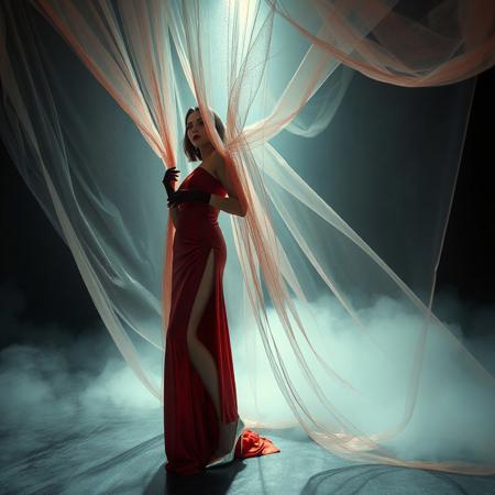 noble norvegian femme fatal lady  posing standing wearing evening GLOSSY THIN RED slime high slit gown, GLOVES  and high heels,   entrapped in  giant long waving  ultrathin transparent fisnet veils, surrounded by  fog from the floor, captured in light beam from celling,  breeding chamber,  ultrathin waisT, HORROR,  reminiscent of H.R. Giger, Zdzisław Beksinski, and Ash Thorp's dark, sleek styles, with close-up glamour photography, glossy satin and silver heels glistening, fleshy slime dripping, and dark shadows.