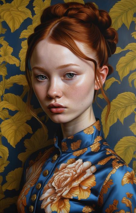style of Kehinde Wiley, 17 yo Emily Browning dramatic portrait