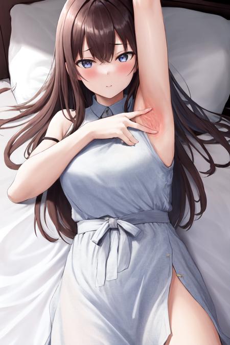 masterpiece, best quality, highres, 1girl, spread armpit <lora:spread_armpit_left:1> lying, on back, bed sheet