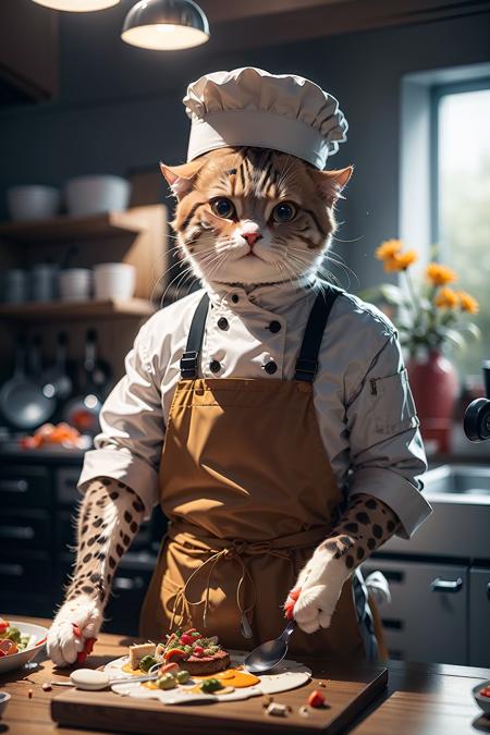 HDR,UHD,8K,Highly detailed,realistic,photo-realistic:1.37),best quality,<lora:catman:0.75>,masterpiece,chef,cooking in the kitchen,