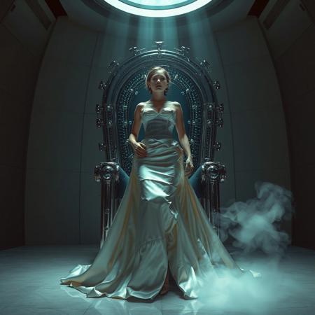 A slender, arrogant  rich norvegian bride, dressed in a luxurious, rich fantasy satin wedding gown with a fitted, boned corset and a full, flared skirt, paired with satin high heels, orgasm face, encased in beam of light from celling. The brainwashing temple electrode,  connected to a  futuristic superconputer rack. Her hands and ankles are bound to a polished steel throne with massive glass hood  by massive steel restraints, accentuating her ultra-thin waist.  weird fog from the floor. The scene is set in a sterile, empty chamber, with a glossy mother-of-pearl finish, evoking a sense of futuristic dread. Inspired by the cinematic styles of Ridley Scott, Guillermo del Toro, and H.R. Giger, with a blend of sci-fi and horror elements, this full-body portrait is a masterpiece of cinematic storytelling, shot on a virtual v-raptor XL camera, with a warm, film-grained aesthetic, subtle vignette, and rich color grading, reminiscent of 35mm film, with dramatic, atmospheric lighting, inviting the viewer to immerse themselves in this epic, stunning scene.