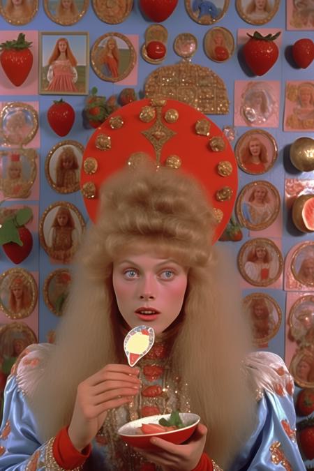 <lora:Director Agnes Varda style:1>Director Agnes Varda style - vhs freeze frame of the 1982 russian fairy tale adaptation "vasilisa". the flaxen haired rosy cheek lead actress is wearing russian costume and eating a strawberry in front of a wall full of russian orthodox icons, organic physical movement, in the style of home video, in motion