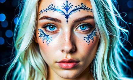 cinematic still Create a close-up image of a fantasy maidens face. Her skin glows with a soft, ethereal light and is adorned with neon tattoos that cover her face in intricate patterns. The tattoos emit a magical glow that illuminates her delicate features. Her eyes are large and bright, subtly changing between shades of blue and white, as if holding an ocean within them. Her long, silver hair frames her face, adding a splash of magic to the scene. The background features a starry sky that enhances the dreamy atmosphere, fantasy art . emotional, harmonious, vignette, 4k epic detailed, shot on kodak, 35mm photo, sharp focus, high budget, cinemascope, moody, epic, gorgeous, film grain, grainy, Create a close-up image of a fantasy maidens face. Her skin glows with a soft, ethereal light and is adorned with neon tattoos that cover her face in intricate patterns. The tattoos emit a magical glow that illuminates her delicate features. Her eyes are large and bright, subtly changing between shades of blue and white, as if holding an ocean within them. Her long, silver hair frames her face, adding a splash of magic to the scene. The background features a starry sky that enhances the dreamy atmosphere, fantasy art, ambient aesthetic, gorgeous, highly detailed, elegant, complex, sharp focus, dramatic, dynamic illumination, beautiful, illuminated, epic, very inspirational, stunning, awarded, unique, creative, glorious