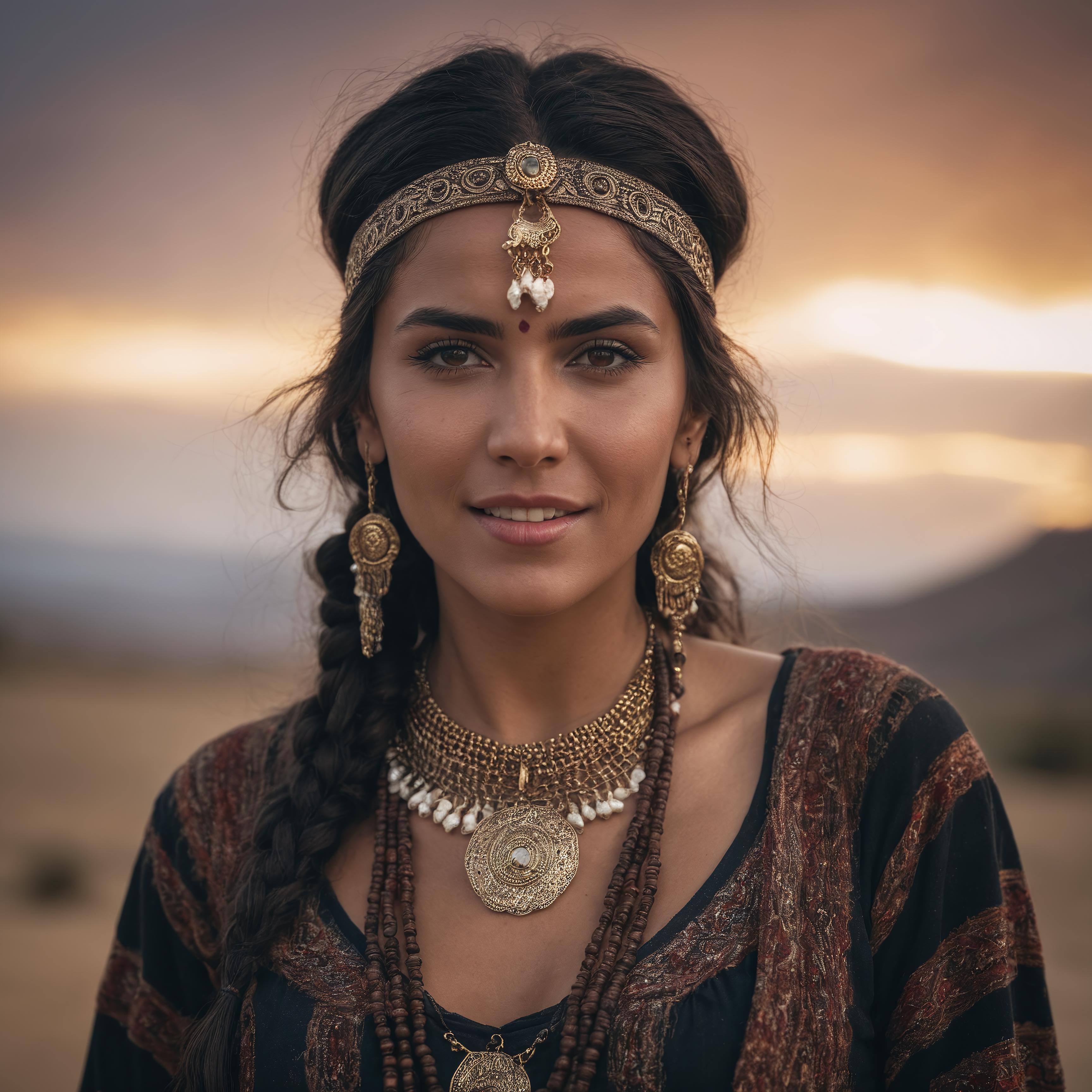 A Woman with a Headband and Necklace Smiling at the Sunset