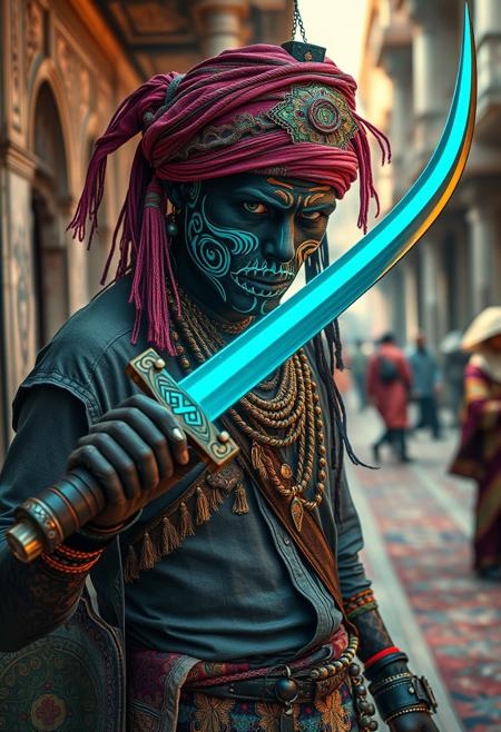 A street punk with a neon katana, Orientalism, intricate details, Middle Eastern themes, North African inspiration, Islamic culture, vibrant colors, elaborate patterns, romanticized exoticism, opulent textures, mastery of light, realism, daily life scenes, architectural beauty, rich textiles.