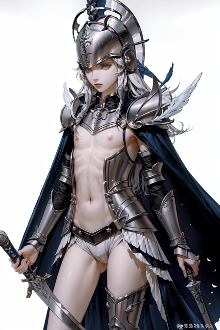 MONOCHROME, 
1BOY,
 solo, long hair, blue eyes, white background, navel, holding, very long hair, weapon, small breasts, sword, cape, holding weapon, armor, helmet, feathers, shoulder armor, pauldrons,
 <lora:pilyeon-04:1>