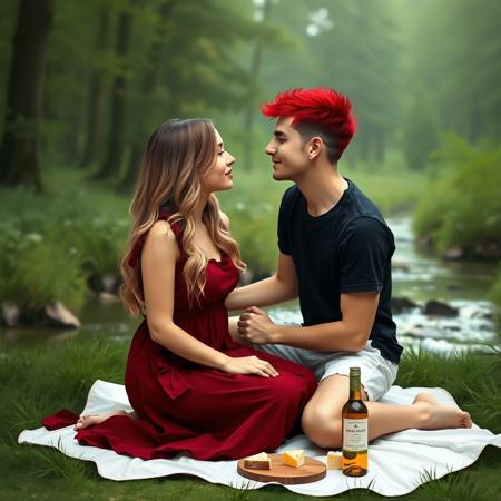 abstract modern art image of a couple sitting in tantra position and embracing each other and starting into each other eyes. by a small stream in a green forest. girl has long wavy blond hair, wearing dark red cotton dress. the boy has very short hair dyed scarlet red on top, white shorts and a dark blue tshirt. they are both sitting on a white picnic sheet with a bottle of white wine and some cheese.