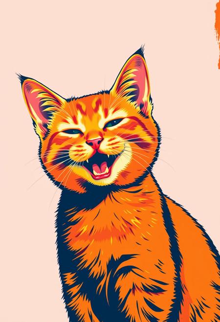 A pop art image of the happiest little orange cat you've ever seen in the style of Andy Warhol