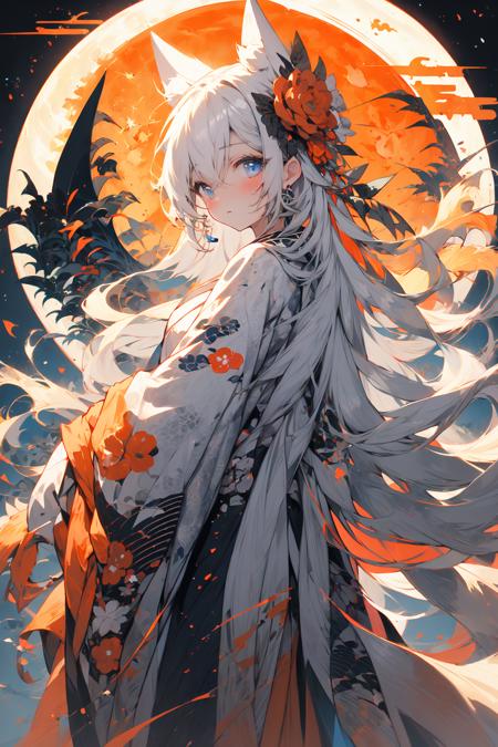 (masterpiece:1.2), best quality,PIXIV,  As the moon,
1girl, solo, long hair, moon, looking at viewer, full moon, japanese clothes, blue eyes, white hair, kimono, wide sleeves, long sleeves, animal ears, floral print, egasumi, hair ornament, bangs, hair between eyes, standing, closed mouth, jewelry, blush, earrings, white kimono, print kimono
 <lora:As the moon_20230809104912-000018:1>