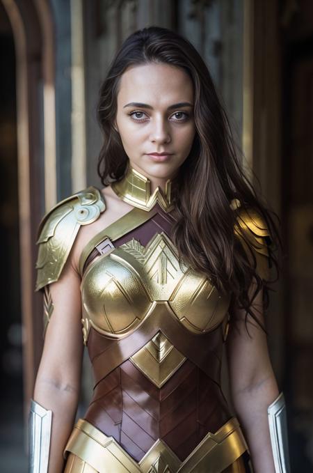 A stunning intricate full color portrait of  a  28 year old woman, golden armor, Wonder Woman movie set, epic character composition,by ilya kuvshinov, alessio albi, nina masic,sharp focus, subsurface scattering, f2, 35mm,portait, film grain <lora:LucidLavender:1>