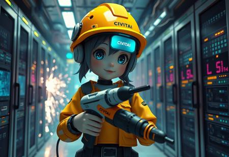 just one cute android girl with construction helmet, holding a futuristic drill, in a server room, multilple servers and monitors, it says "CIVITAI" on the helmets, impressive electric arcs and sparks in the background, lucid dream-like 3d model, photorealism, cinematic realism, unreal engine