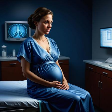 Ultra realistic color pencil  image of a 8 month pregnant woman in a hospital gown, in the doctor's office getting a health checkup.
BREAK
Deep dark intense midnight blue misty background, Dark theme, dynamic lighting, (soft shadows), (soft focus), (photo realistic), uhd, 8k
