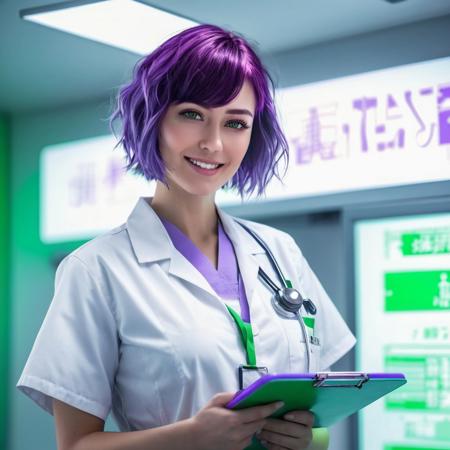 A nurse working in an Emergency Room. She carrying a clipboard. White nurse uniform. full body shot. Short purple hair. Green eyes. Fluorescent lighting. < nurse job > Pleasant smile. (lucy \(cyberpunk\))