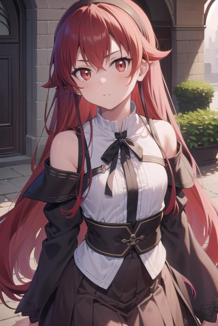 erisgreyrat, <lora:eristest:1>, 
eris greyrat, ahoge, hair between eyes, long hair, (red eyes:1.5), red hair, sidelocks, (small breast:1.2),
BREAK black hairband, black ribbon, brown skirt, hairband, long sleeves, neck ribbon, pantyhose, ribbon, shirt, shoulder cutout, skirt, white pantyhose, white shirt, wide sleeves,
BREAK looking at viewer,
BREAK outdoors, city,
BREAK <lyco:GoodHands-beta2:1>, (masterpiece:1.2), best quality, high resolution, unity 8k wallpaper, (illustration:0.8), (beautiful detailed eyes:1.6), extremely detailed face, perfect lighting, extremely detailed CG, (perfect hands, perfect anatomy),