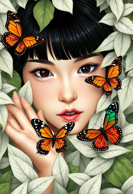 This detailed digital illustration portrays a closeup of a woman with fair skin and sleek, black hair styled with blunt bangs, exuding an ethereal charm. Her large, almond-shaped eyes carry a soft, dreamy expression, while her slightly parted lips suggest quiet wonder. She is enveloped by a dense background of intricately detailed white leaves, with varying shades of green and subtle brown accents, creating a lush, organic texture that fills the frame. Surrounding her are vibrant butterflies, each uniquely detailed and bursting with color. A striking orange-and-yellow butterfly with bold black and white markings flutters near her, while another in vivid red and black adds depth. A third butterfly, blending hues of green and blue, completes the whimsical tableau. The woman's delicate hands emerge gracefully from the foliage, fingers slightly spread as if reaching to gently touch the butterflies, creating an intimate connection between her and the natural elements. Her fair skin blends seamlessly with the leafy surroundings, enhancing the dreamlike quality of the scene. The composition combines realism and fantasy, showcasing meticulous detail, vibrant colors, and a harmonious interplay of nature and human form, resulting in a visually captivating and enchanting artwork.