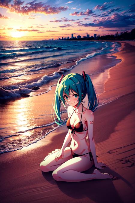 anirl, best quality, ultra high res, 1girl, hatsune miku, full body, scenery, smile, ocean, sunset, city, barefoot, sand, twintails, bikini,