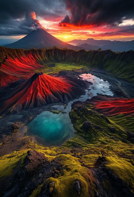 ultra HD, high quality, 4K, score_9, score_8_up, score_7_up, photo, extremely detailed, 8k, high quality, Source_photo, real photo, sharp, highly detailed and hyper realistic,masterpiece, masterpiece, best quality, vivid colors, high quality, RAW photo, (fantasy landscape:1.2),(surreal landscape:1), neo-expressionist aerial landscape photograph, volcanic textures, ethereal light play, moss-covered ridges merging with crystalline lakes, geological forces meeting atmospheric drama of red and grey sky --style ethereal, hyper-detailed realism, 8k quality, masterpiece clarity, spatial composition, subtle interplay of shadows and luminous highlights, epic landscape, colorful scenery,
, detailmaximizer, midjourneyv6.1,