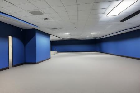 liminal space, no humans, scenery, ceiling light, indoors, ceiling, a large empty building with blue pillars and signs on the ceiling