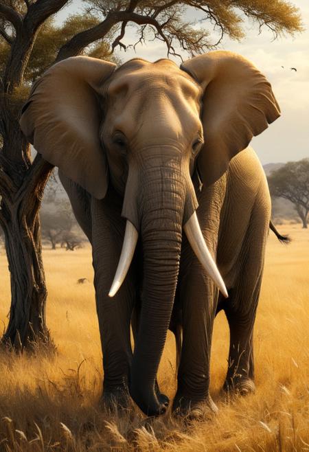 detailxl,
**Ode to the Elephant**  
In the heart of the savanna, where the golden grasses sway,  
A giant roams with grace, beneath the sun's warm ray.  
With skin like ancient parchment, rough and deeply lined,  
Each wrinkle tells a story, of the wisdom it has mined.  
Majestic in its stature, a tower of gentle might,  
With ears like sails of canvas, catching whispers of the night.  
A trunk, a wondrous marvel, a versatile embrace,  
It reaches for the branches, or caresses a young face.  
Tusks like ivory crescents, curving proudly from its head,  
Tools of strength and beauty, in the wild they are widespread.  
Eyes like pools of wisdom, deep and soulful, they reflect,  
In herds they find their solace, a family intertwined.  
Oh, gentle giant of the plains, with heart so vast and true,  
You roam the earth with majesty, a spirit born anew.
