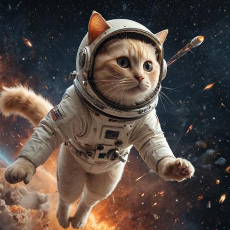 (masterpiece:1.3), (highly detailed: 1.3), (best quality:1.3), a cinematic image of a cat flying in outer space, flame-point Siamese, cream-colored body, cat with ginger orange face and tail and ears and feet, wearing a space helmet, action shot, wide-angle, cinematic backdrop, background with rocket ship and stars and galaxy, sharp focus, dynamic lighting, lens flare, sci-fi, vibrant color, high contrast image, 8k, sharp, cinematic masterpiece, depth of field