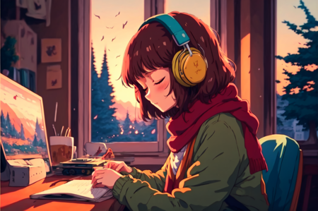 <lora:Homework_Desk:1> masterpiece, best illustration,  ((anime)), 1girl, solo, headphones, brown hair, closed eyes, window, indoors, red scarf, sitting, tree, scarf, sweater, short hair, desk, sunset, book, from side, blurry