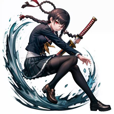 masterpiece, splash art, official art, dynamic angle, white background:1.2, 1girl, dynamic pose, ruikomatsuzaki, <lora:ruikomatsuzaki-12:1>, floating, full_body:1.4, black_legwear, braid, glasses, hair_ribbon, holding, katana, long_hair, long_sleeves, pantyhose, pleated_skirt, red_eyes, ribbon, school_uniform, serafuku, shadow, shoes, skirt, solo, sword, twin_braids, weapon, hands