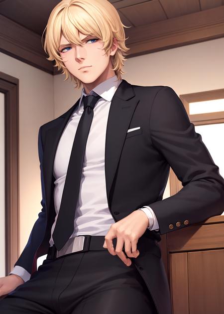 1boy,solo,MXchar,hair pulled back,blonde hair,necktie,black suit,shirt, pants, looking at viewer, black pants, jacket,collared shirt,