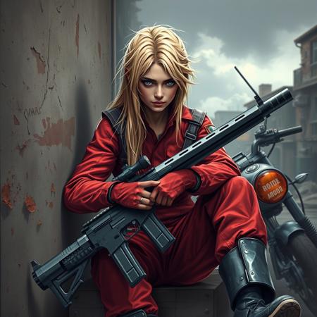 Futuristic Sci-fi. A tired female fighter, dressed in a red jumpsuit is sitting, tired, in a corner in a battle damaged neighbourhood. She has long dishelveled blonde hair, blue eyes and a pretty face. She's polishing a long futuristic laser rifle. An armored motorcycle is at her side.
