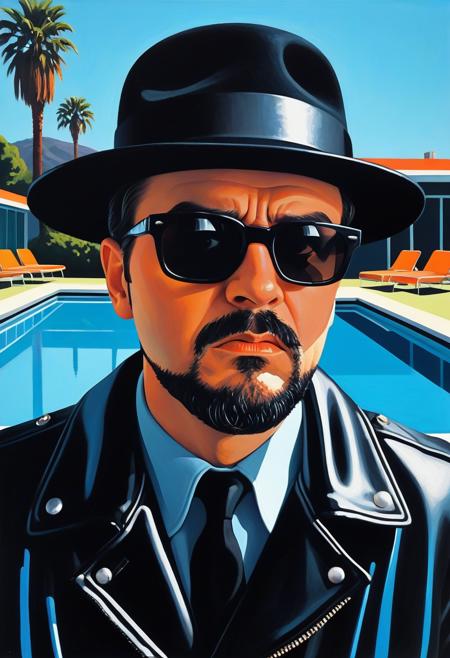 intimidating drug kingpin in black pork pie hat, dark sunglasses pushed up on forehead, goatee, black leather jacket, head tilted down slightly, eyes looking up directly at viewer from under lowered brow, intense unblinking Kubrick stare, eyebrows furrowed, menacing predatory gaze, whites of eyes visible above iris, unsettling fixed expression,, vibrant acrylic painting style, bold flat colors, clean geometric compositions, bright California sunlight, crisp shadows, modernist architecture, swimming pool blue tones, perfectly manicured landscapes, mid-century modern aesthetic, saturated color palette, smooth gradients, minimal detail work, contemporary pop art influence, architectural precision, optimistic 1960s atmosphere,