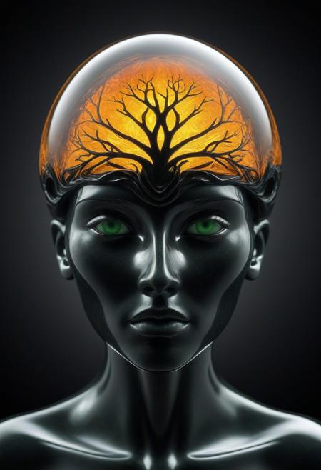 (Obsidian Jade Style,:2) Delirium style. The image is a digital artwork, rendered in a hyper-realistic CGI style, featuring a surreal and abstract depiction of a human head. The central figure is a stylized, almost robotic humanoid head with a glossy, dark, almost black surface that reflects and refracts light, giving it a sleek, metallic appearance. The head is split vertically, with the upper half forming a hollow, transparent, and reflective dome. Inside this dome, a stunning, glowing image of a tree with a fiery, orange-yellow aura is visible, creating a stark contrast to the dark outer surface. <lora:Bonafida.Studio:1>