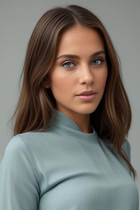 a close up shot of a beautiful girl, realistic green eyes, blue dress