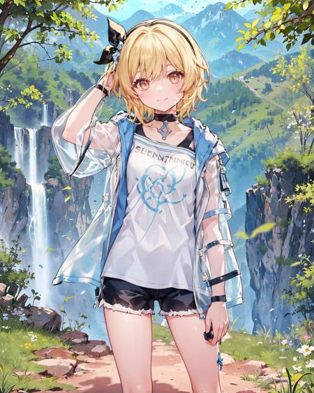 1girl,solo,, luminezjj,shirt,jacket, see-through,standing,  <lora:[luminezjj,shirt,jacket]:1>,outdoors,mountainous , short sleeves, shorts,cowboy shot, forest,light smile,