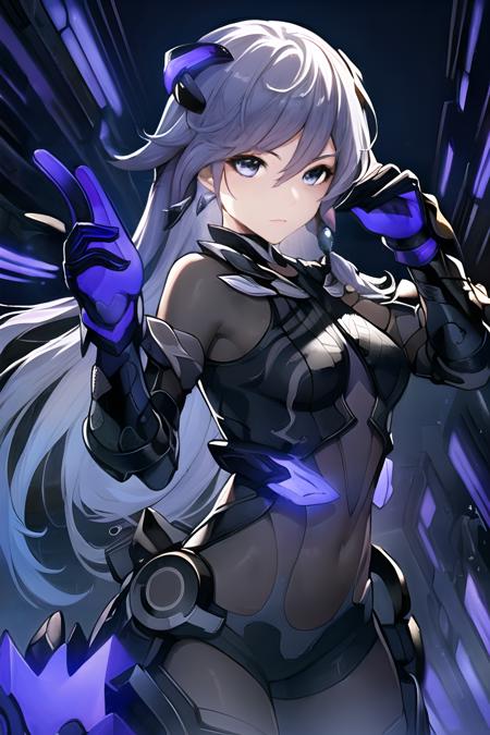 (masterpiece, top quality, best quality, official art, beautiful and aesthetic:1.2),extreme detailed,(fractal art:1.3),long hair,blue eyes,small breasts, Fu Hua(Knight),1girl,solo,bodysuit,pongtail,dusk,in the cyberpunk city, <lora:Fu Hua_Five in one_v1.0:0.95>,