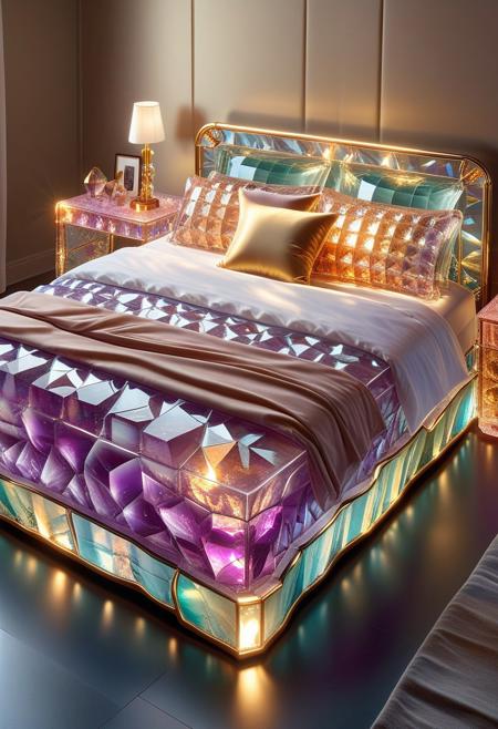 A vibrant, stylized bed (detailed parts:1.2),  glowing with fluorescent colors, set in furnished Room background.  The Bed's parts appear fluorite crystal, with smooth, flowing, and reflective surfaces, (detailed textures:1.2).  The Pillowcase, Bed sheet are highly detailed, showcasing a unique interplay of light and color, creating a captivating visual effect. BREAK.  The Bed's headboard and footboard are a golden, metallic bronze hue (detailed metal board: 1.2), golden eard. BREAK. Strong lighting highlights the bed's texture, Photorealistic style, digital art, hyperrealistic style, vibrant colors,  glowing effect, and dark background. Crystal bed of fluorite, with a golden Pillowcase, Bed sheet. Ethereal.