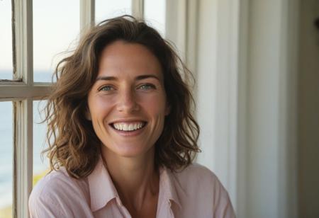 A meticulously detailed, hyper-realistic studio portrait of Olivia, a 35-year-old woman with sun-kissed skin and bright green eyes. She has a slim, oval, delicately contoured face with high cheekbones, a narrow jawline, and a subtle V-shaped chin. Her wavy, short-length light brown hair is casually tousled, framing her naturally beautiful face. Her skin has realistic texture: visible pores, soft natural wrinkles, gentle laugh lines, and minor imperfections that enhance authenticity. She wears a light red button up shirt an a warm, genuine smile with slightly imperfect teeth. She seats in a warm living room, facing the sunset, and ocean,through a Victorian White Wooden window, captured with an 85mm lens at f/4, with natural color grading and an unedited RAW film look — inspired by Kodak Portra 400. No makeup retouching, no plastic effect, no artificial smoothing.