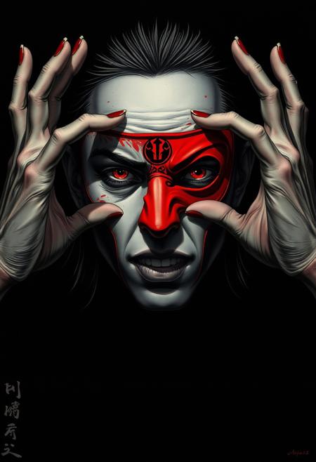 surreal portrait, emotional duality, grayscale and red color scheme, expressive hands, split face, red mask, conceptual art, dramatic lighting, black background, symbolic composition, psychological depth, inner conflict, modern surrealism, haunting visual style, manga art, dynamic action scenes, vibrant colors, expressive characters